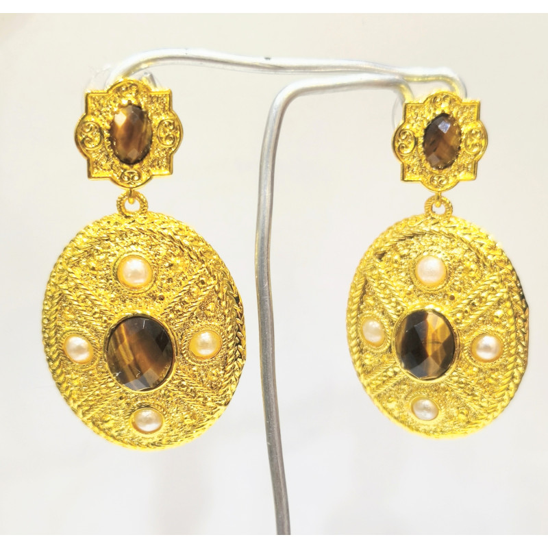 Boucles Œil de Tigre et Perles Laiton Plaqué Or