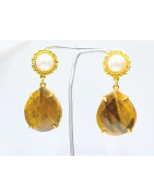 Boucles Œil de Tigre Facetté et Perles Laiton Plaqué Or
