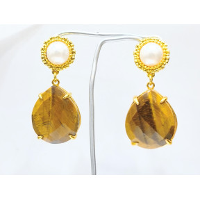 Boucles Œil de Tigre Facetté et Perles Laiton Plaqué Or