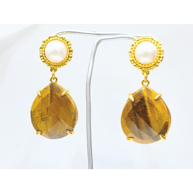 Boucles Œil de Tigre Facetté et Perles Laiton Plaqué Or