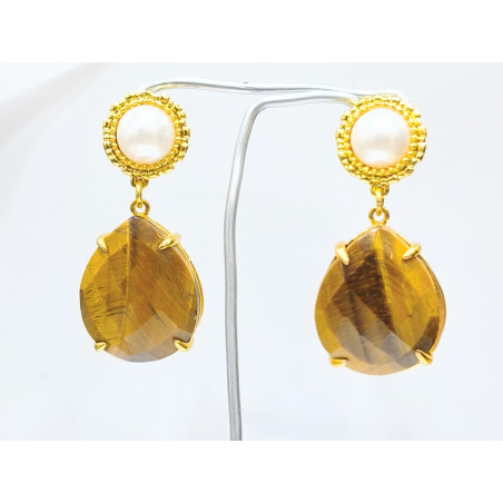 Boucles Œil de Tigre Facetté et Perles Laiton Plaqué Or