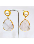 Boucles Quartz Rose Facetté et Perles Laiton Plaqué Or