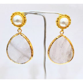 Boucles Quartz Rose Facetté et Perles Laiton Plaqué Or