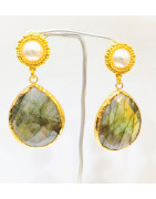 Boucles Labradorite Facetté et Perles Laiton Plaqué Or