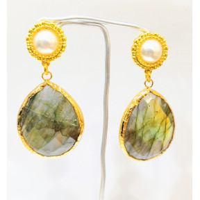 Boucles Labradorite Facetté et Perles Laiton Plaqué Or