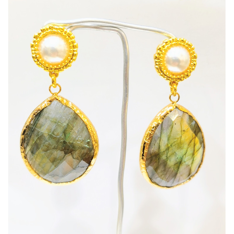 Boucles Labradorite Facetté et Perles Laiton Plaqué Or