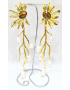 Boucles Œil de Tigre Facetté et Perles Soleil Laiton Plaqué Or