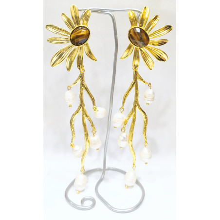 Boucles Œil de Tigre Facetté et Perles Soleil Laiton Plaqué Or