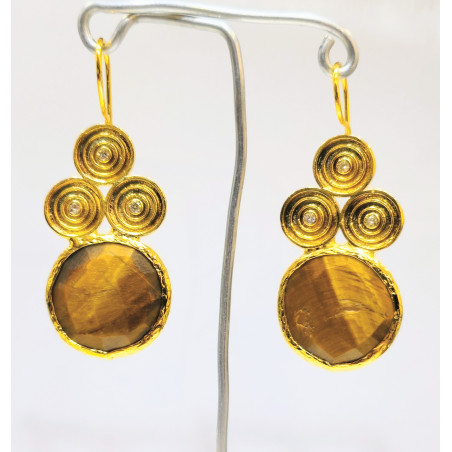 Boucles Œil de Tigre Facetté Rond Laiton Plaqué Or