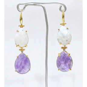 Boucles Améthyste et Pierre de Lune Facettées Laiton Plaqué Or