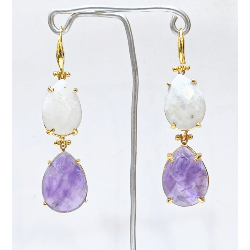 Boucles Améthyste et Pierre de Lune Facettées Laiton Plaqué Or