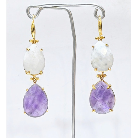 Boucles Améthyste et Pierre de Lune Facettées Laiton Plaqué Or