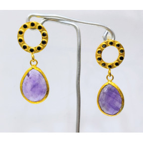 Boucles Améthyste Facettée et Marcassite Laiton Plaqué Or