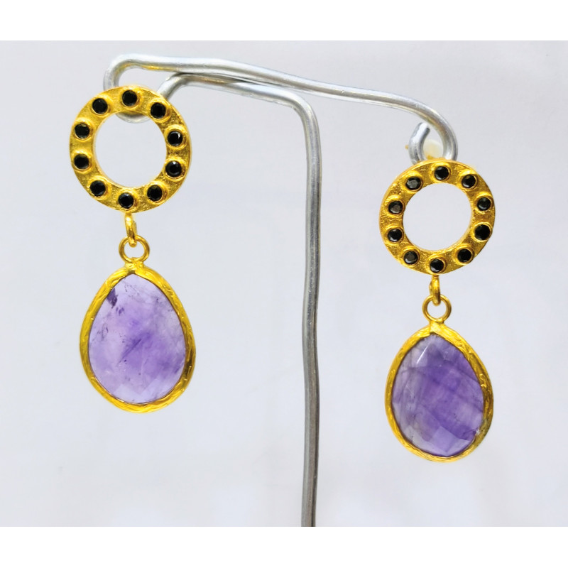 Boucles Améthyste Facettée et Marcassite Laiton Plaqué Or