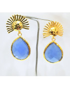 Boucles Agate Bleue Facettée Soleil Laiton Plaqué Or