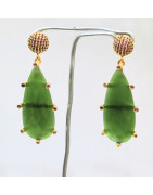 Boucles Sélénite Verte et Rubis de Synthèse Laiton Plaqué Or
