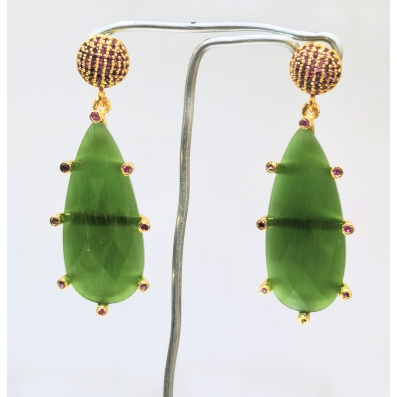 Boucles Sélénite Verte et Rubis de Synthèse Laiton Plaqué Or