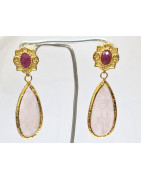 Boucles Quartz Rose Facetté et Rubis Laiton Plaqué Or