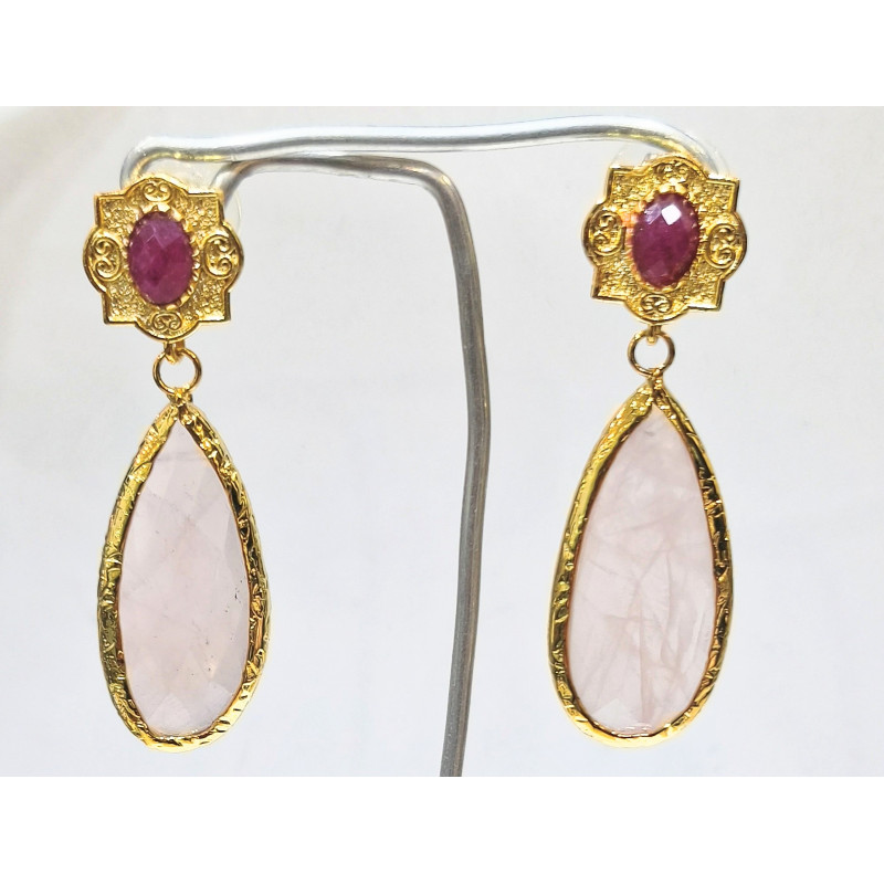 Boucles Quartz Rose Facetté et Rubis Laiton Plaqué Or