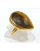 Bague Œil de Tigre Facetté Laiton Plaqué or Taille Réglable