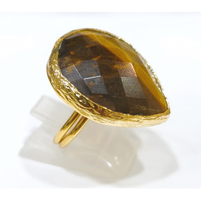 Bague Œil de Tigre Facetté Laiton Plaqué or Taille Réglable