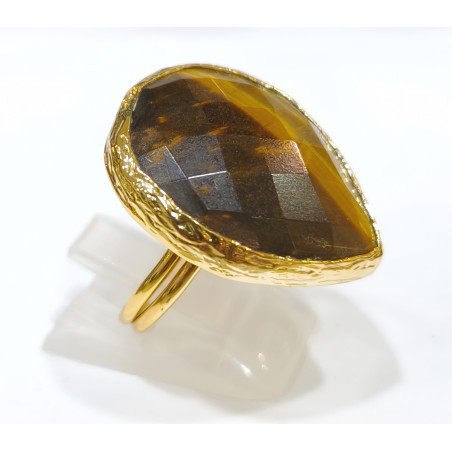 Bague Œil de Tigre Facetté Laiton Plaqué or Taille Réglable