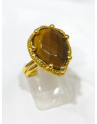 Bague Œil de Tigre Facetté Laiton Plaqué or Taille Réglable