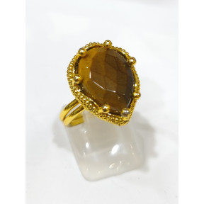 Bague Œil de Tigre Facetté Laiton Plaqué or Taille Réglable