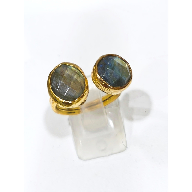 Bague Labradorite Facettée Laiton Plaqué or Taille Réglable