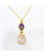 Pendentif Améthyste et Quartz Rose Facettés Laiton Plaqué Or avec Chaîne 40 + 6 cm