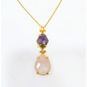 Pendentif Améthyste et Quartz Rose Facettés Laiton Plaqué Or avec Chaîne 40 + 6 cm