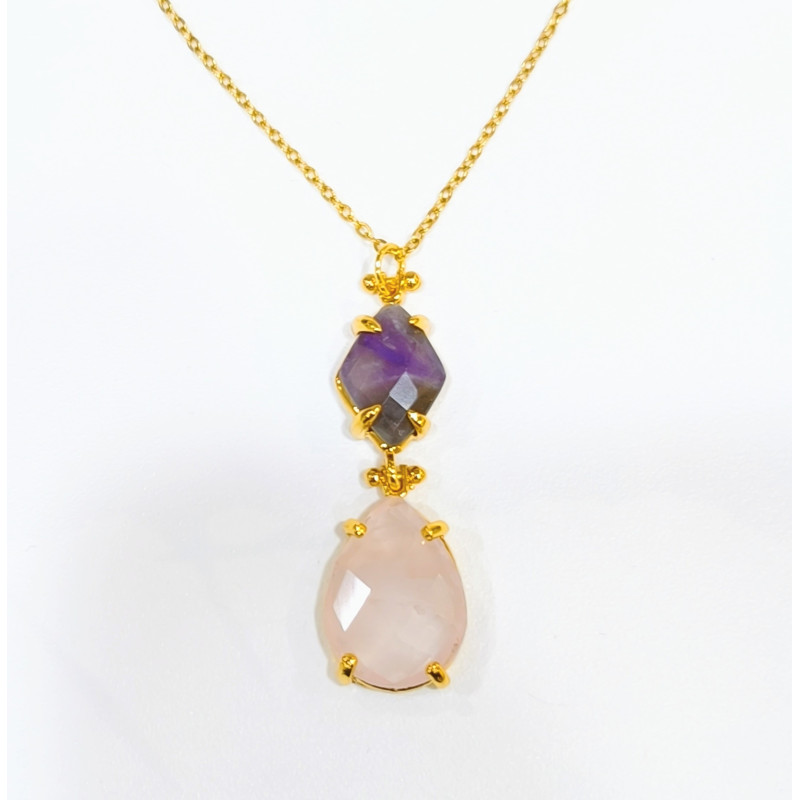 Pendentif Améthyste et Quartz Rose Facettés Laiton Plaqué Or avec Chaîne 40 + 6 cm