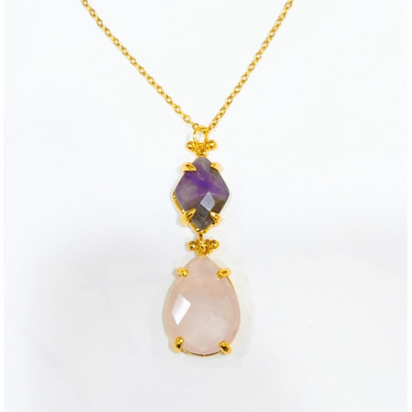 Pendentif Améthyste et Quartz Rose Facettés Laiton Plaqué Or avec Chaîne 40 + 6 cm