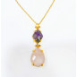 Pendentif Améthyste et Quartz Rose Facettés Laiton Plaqué Or avec Chaîne 40 + 6 cm