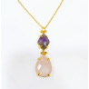 Pendentif Améthyste et Quartz Rose Facettés Laiton Plaqué Or avec Chaîne 40 + 6 cm