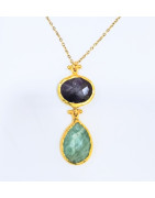 Pendentif Améthyste et Amazonite Facettées Laiton Plaqué Or avec Chaîne 40 + 6 cm