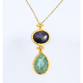 Pendentif Améthyste et Amazonite Facettées Laiton Plaqué Or avec Chaîne 40 + 6 cm