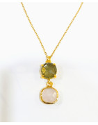 Pendentif Labradorite et Quartz Rose Facettés Laiton Plaqué Or avec Chaîne 40 + 6 cm