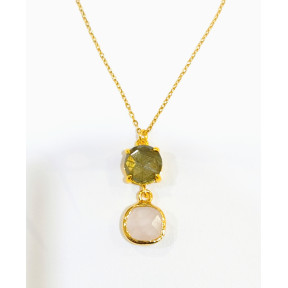 Pendentif Labradorite et Quartz Rose Facettés Laiton Plaqué Or avec Chaîne 40 + 6 cm