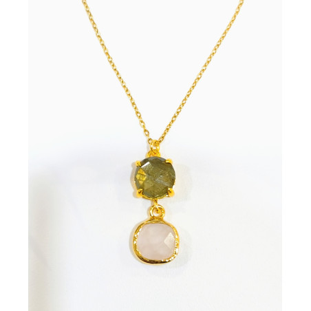 Pendentif Labradorite et Quartz Rose Facettés Laiton Plaqué Or avec Chaîne 40 + 6 cm