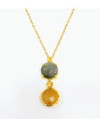 Pendentif Labradorite et Pierre de Soleil Facettés Laiton Plaqué Or avec Chaîne 40 + 6 cm