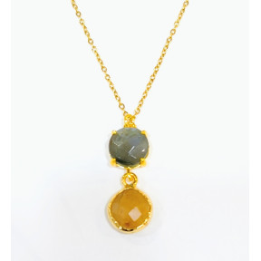 Pendentif Labradorite et Pierre de Soleil Facettés Laiton Plaqué Or avec Chaîne 40 + 6 cm