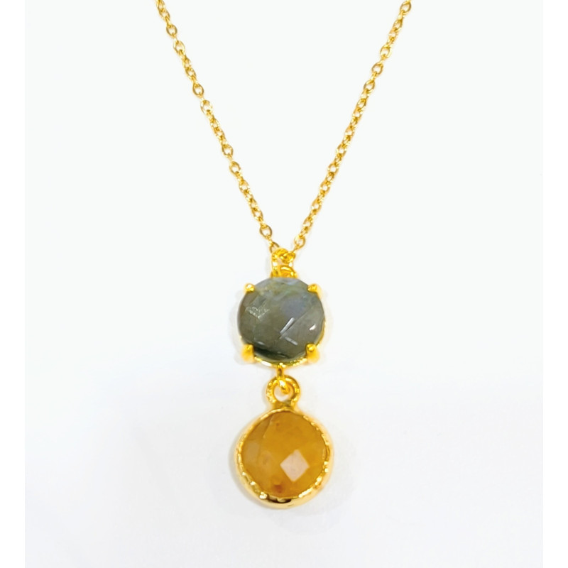 Pendentif Labradorite et Pierre de Soleil Facettés Laiton Plaqué Or avec Chaîne 40 + 6 cm