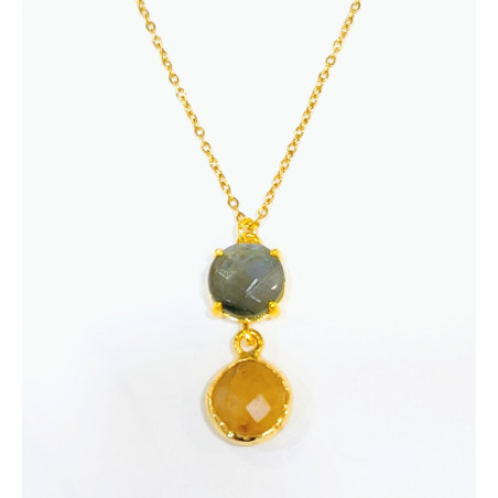 Pendentif Labradorite et Pierre de Soleil Facettés Laiton Plaqué Or avec Chaîne 40 + 6 cm