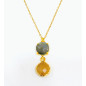 Pendentif Labradorite et Pierre de Soleil Facettés Laiton Plaqué Or avec Chaîne 40 + 6 cm