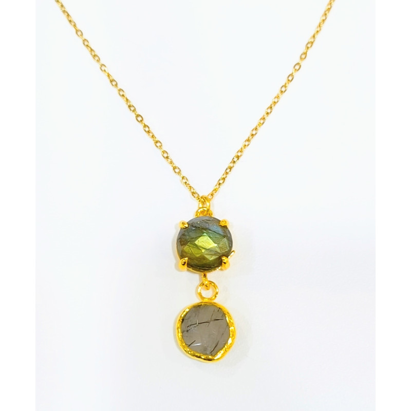 Pendentif Labradorite Facettée Laiton Plaqué Or avec Chaîne 40 + 6 cm