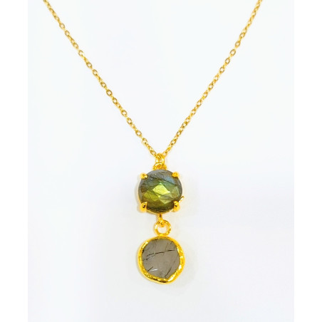 Pendentif Labradorite Facettée Laiton Plaqué Or avec Chaîne 40 + 6 cm