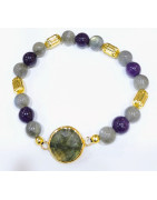 Bracelet Labradorite et Lépidolite Pierres Rondes 8mm Laiton Plaqué Or