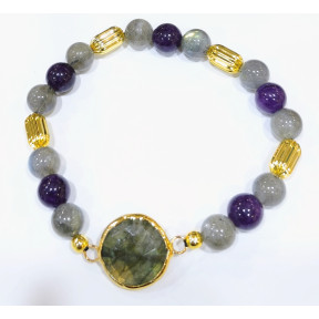 Bracelet Labradorite et Lépidolite Pierres Rondes 8mm Laiton Plaqué Or