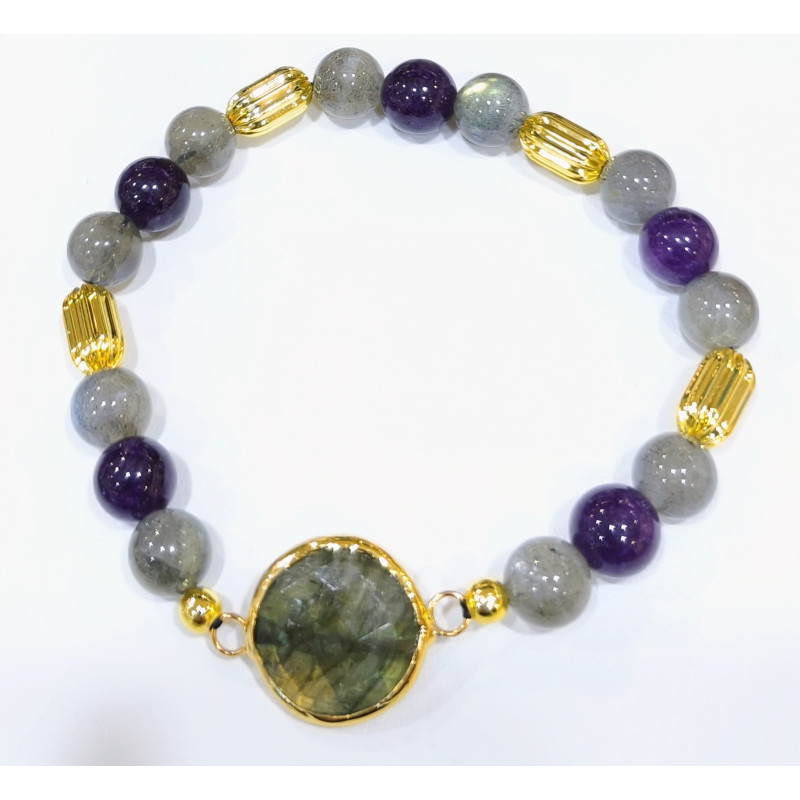 Bracelet Labradorite et Lépidolite Pierres Rondes 8mm Laiton Plaqué Or